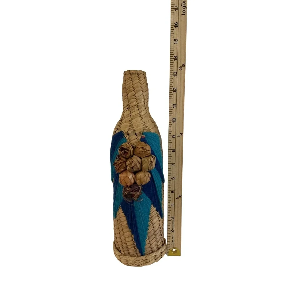 Vintage Woven Straw Bottle Cover Folk Art Blue Yarn‎ Grapes Decorative Decanter